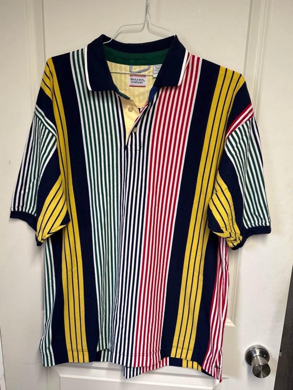 Vintage Bugle Boy Multi-Stripe Polo Shirt - Navy, Yellow, Red, Green size XL